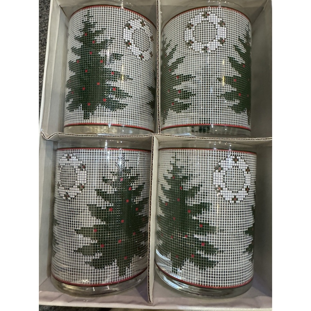 Lenox Christmas Tree and‎ Wreath Rocks/Whisky Glasses Set of 4 Retro Barware